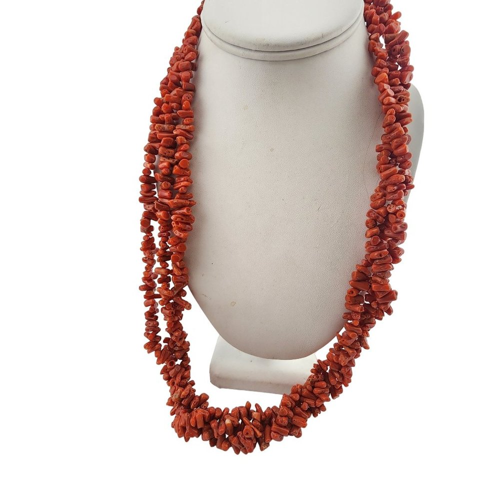 Vintage Branch Coral Triple Strand with 800 Silver Clasp & Gold Vermeil Necklace